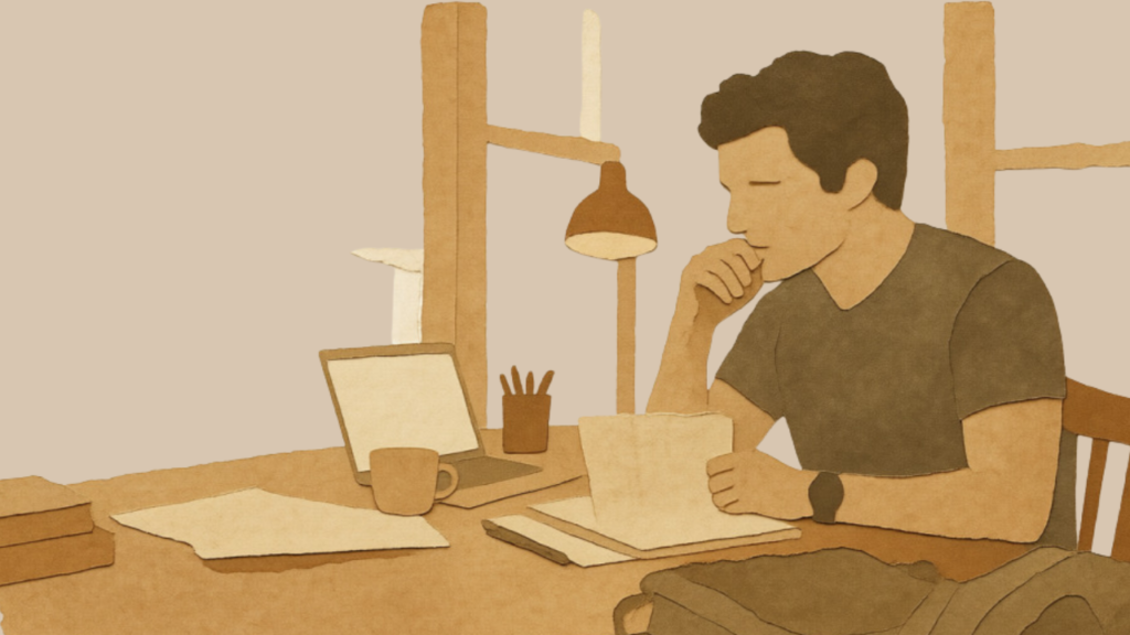 Person sitting at a study desk thinking deeply while reviewing notes, representing overthinking and consistency challenges.