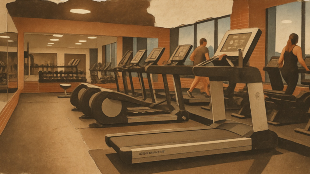 a realistic gym bag placed beside a doorway in the evening, with workout shoes neatly arranged nearby and a water bottle sitting on the floor. the room is warmly lit, and everything is ready for a