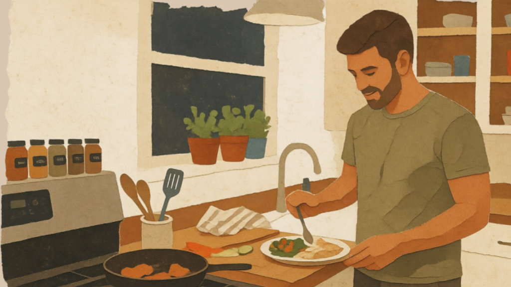 Person preparing a healthy home-cooked meal as part of healthy eating.