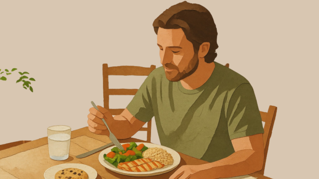 Person enjoying a balanced meal as part of a healthy relationship with food.