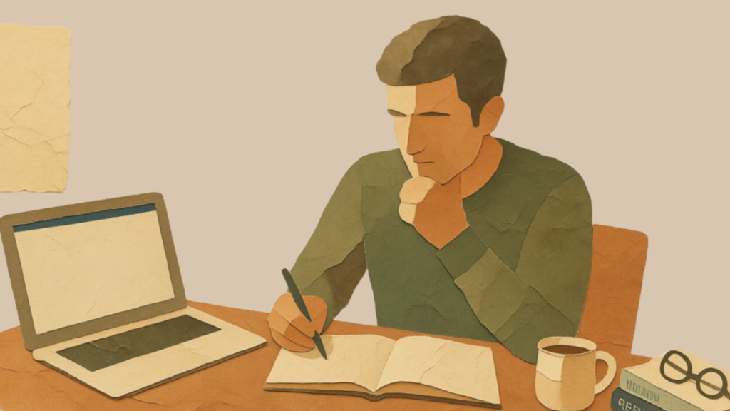 Person journaling and reflecting on personal growth at a desk.