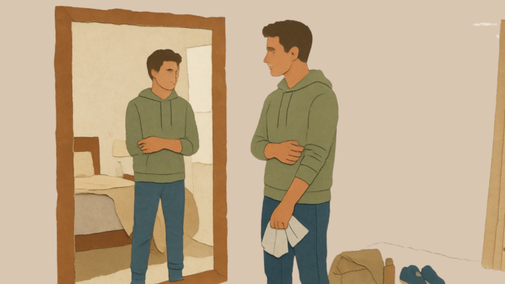 Person reflecting in a mirror as part of their personal growth journey.