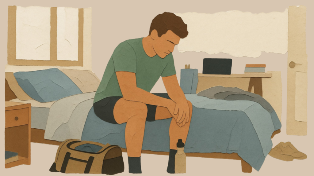 Person sitting on the edge of a bed before starting a workout.